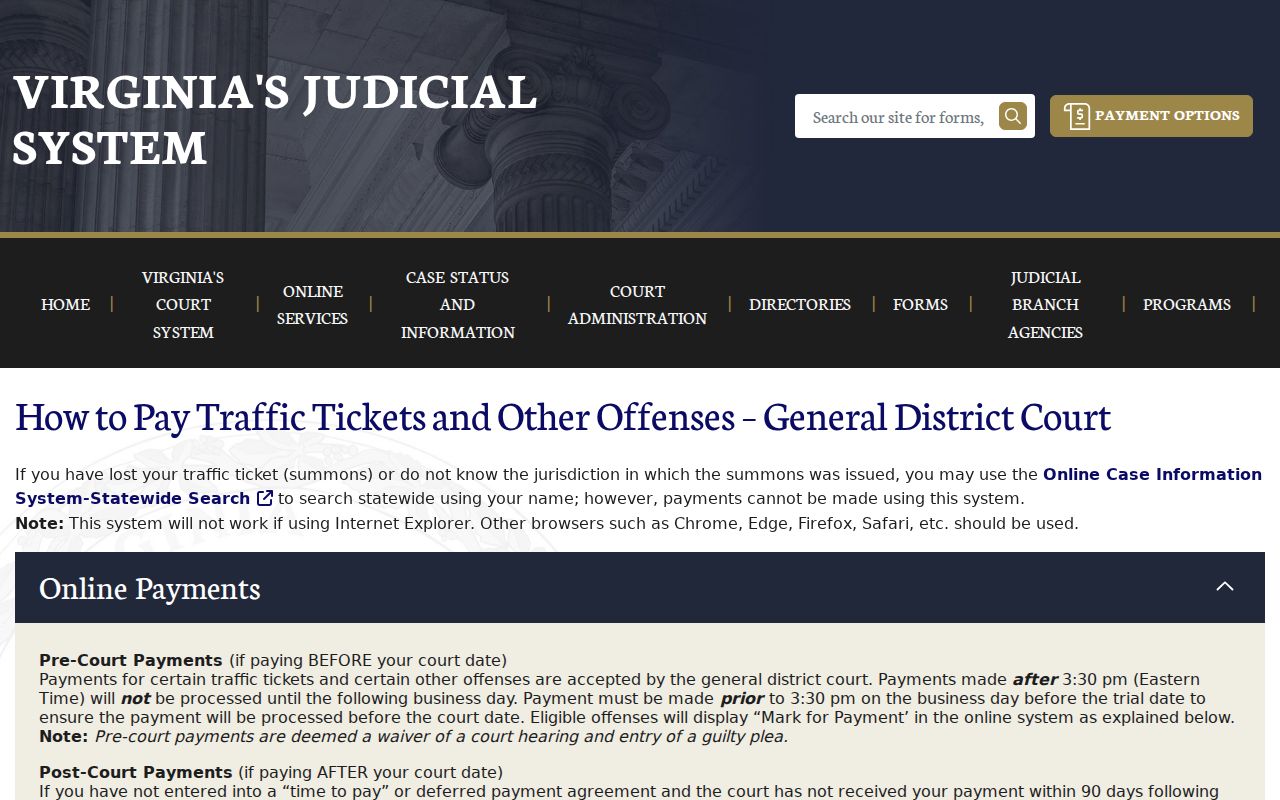 Westmoreland County traffic warrant records and Virginia court lookup and payment page